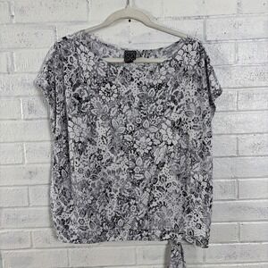 Clara Sun Woo Floral Tie Front Top Womens XL Black White Stretch Travel